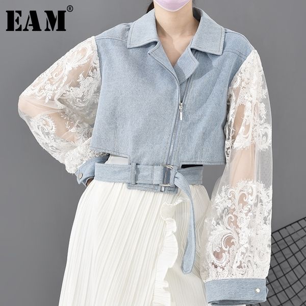

[eam] loose fit lace stitch denim bandage short jacket new lapel long sleeve women coat fashion tide spring 1d63805 201109, Black;brown