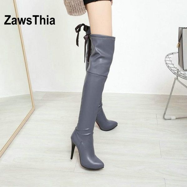 

zawsthia pu faux leather women thin high heel boots with ribbon riband at back white beige over the knee high boots woman, Black