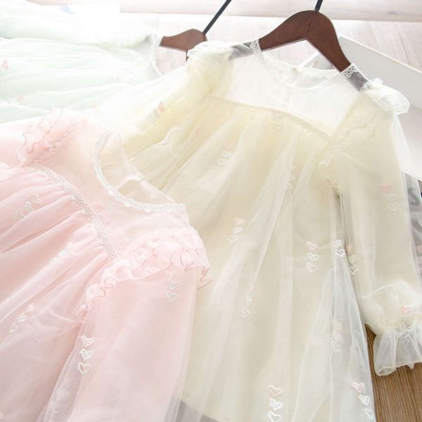 

21010 332818 spring ~ new product girl's 3-color love embroidered round neck gauze skirt baby drs, Red;yellow