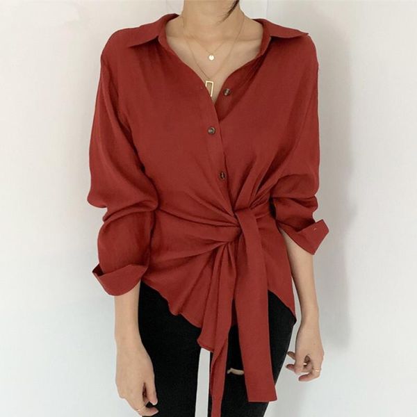 

2020 autumn long sleeve blouse shirts women elegant office wear shirt lace up waist blouses irregular blusas, White