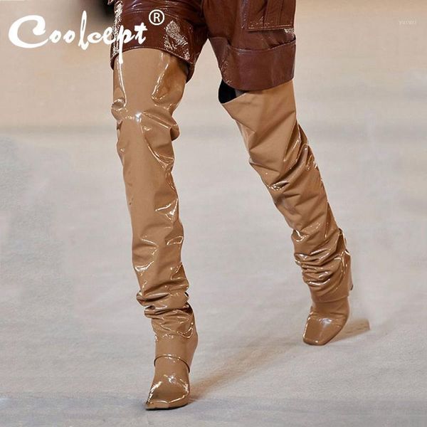 

boots coolcept fashion women over the knee square toe thick high heel slip on patry street ladies footwear size 34-431, Black