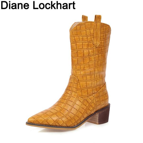 

boots fashion embossed microfiber leather women mid-calf toe western cowboy boot high heels motorcycle chaussures femme size 39, Black