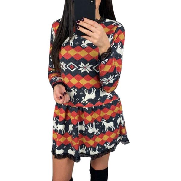 

christmas dress women new year 2021 fashion clothes fashion merry christmas snowflake elk print xmas long sleeve lace mini dress, Black;gray
