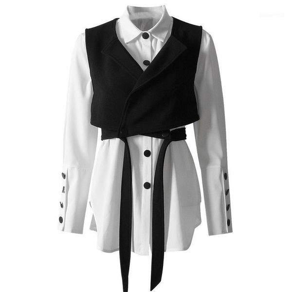 

women's blouses & shirts asymsay white shirt + black vest two piece sets lantern long sleeve fashion lace up short women's set al1