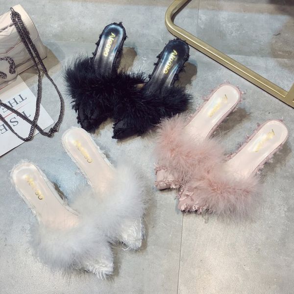 

mules shoes women fur slides high heels slippers pink white ladies furry fluffy female woman shoes mules mujer 2019 autumn x1020, Black