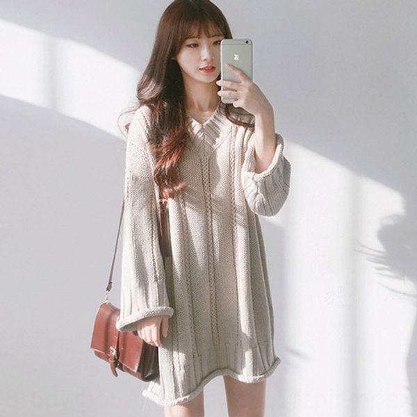 

korean pullover v-neck solid color loose and versatile long sleeve medium pullover sweater sweaterlength woolen dress dress sweater woman g3, White;black