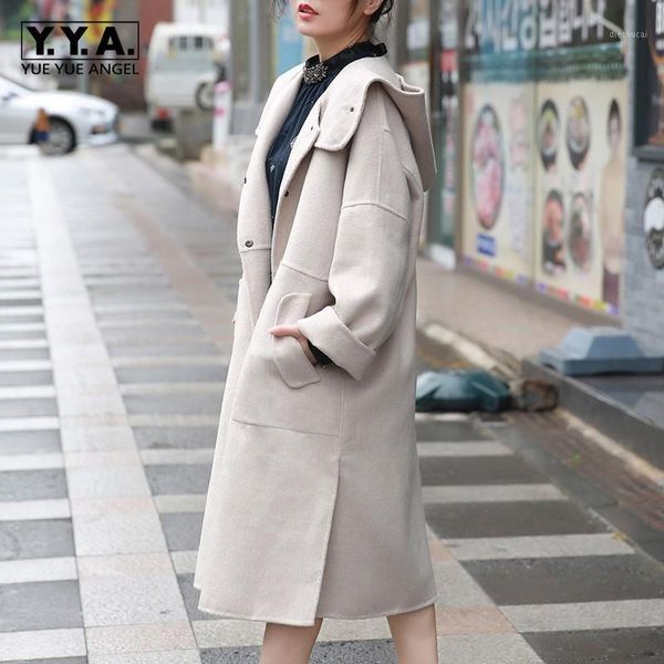 

women winter oversized long wool coat cashmere hoodie overcoat loose reversible trench office ladies woolen coats1, Black