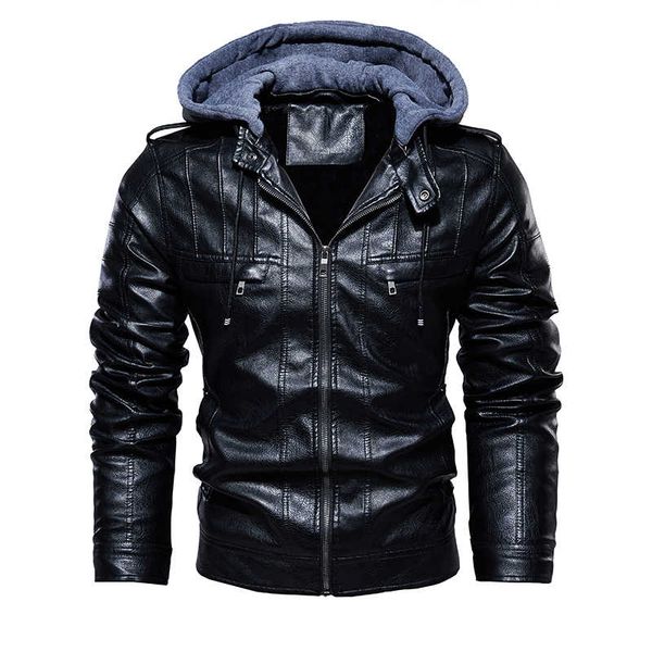

mens winter plus velvet pu leather jacket hooded collar motorcycle faux leather coats thicken warm bomber jackets brand clothing, Black