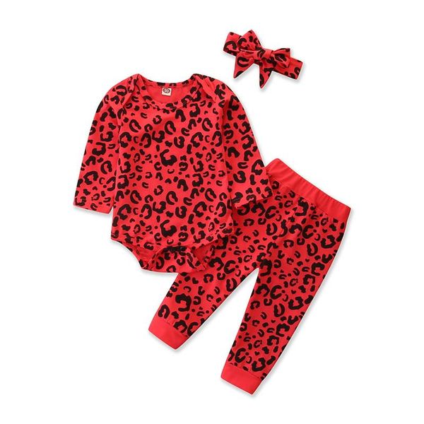 

newborn infant baby boys girls clothes leopard pattern long sleeve bodysuit+ pants + headband toddler 3pcs outfits clothing sets, White