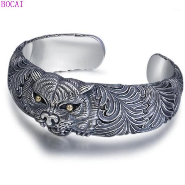 

s925 sterling silver men's bracelet opening bracelet thai silver aggressive personality retro tiger head for men1, Black