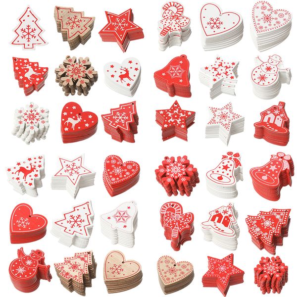

36 style 10pcs/lot 5cm new year natural wood christmas ornaments wooden pendant hanging gifts xmas tree decor home decoration gi