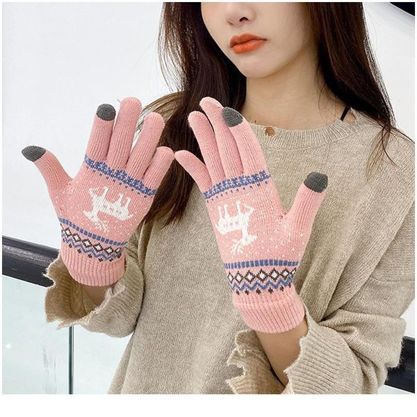 

women girls winter mittens touch screen gloves fashion korean style deer printing wool knitted warm soft full finge bbysys, Black