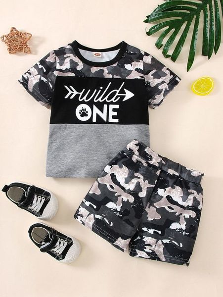 

baby letter & camo print tee & shorts she, White