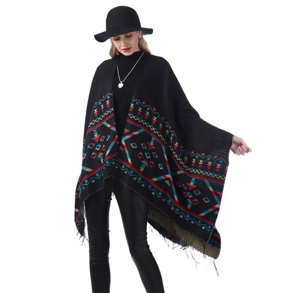 

women oversize striped shawl fashion plaid warm winter scarf causal lady blanket knit national style split cloak lt-tta1285, Blue;gray