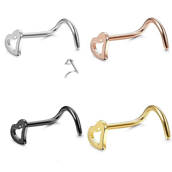 

new heart charm womens nose rings body piercing jewelry fashion stainless steel nose open studs nose rings non piercing rings jewelry, Silver