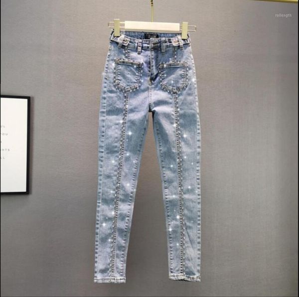

2020 spring autumn jeans for women new european elastic slim high waist diamond jeans pants female stretch denim pencil pants1, Blue