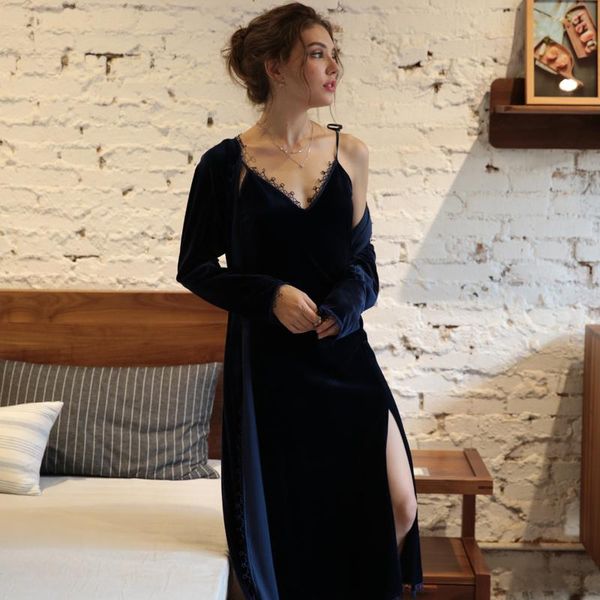 

autumn sleepwear women pajamas set velvet robe 2pcs long sleeves nightgown & coat homewear nightdress women's robes peignoirs, Black;red