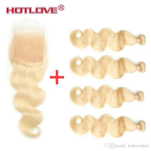 

pre-colored virgin human hair weave #613 brazilian body wave 4 blonde bundles with 4x4 lace closure baby hair 5pcs lot total, Black;brown