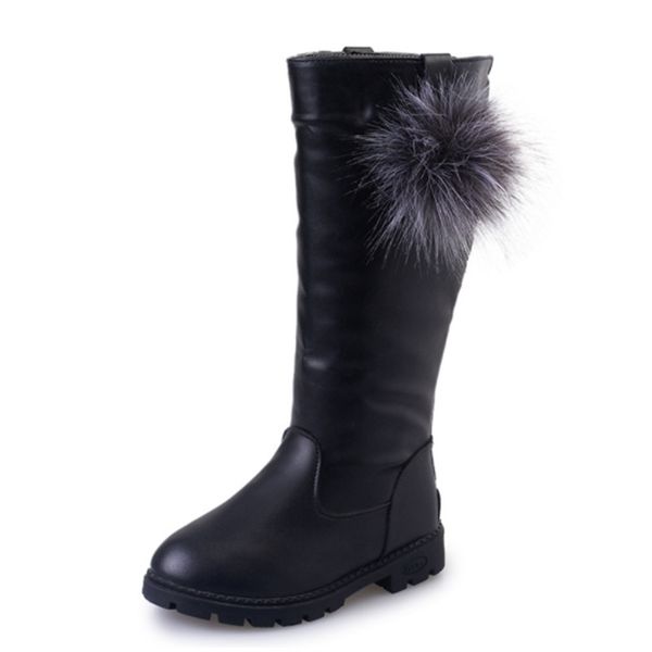 

girls snow boots pu leather solid children shoes fashion zipper knee-high kids boots for girls kids winter boots size 26-37 lj200903, Black;grey