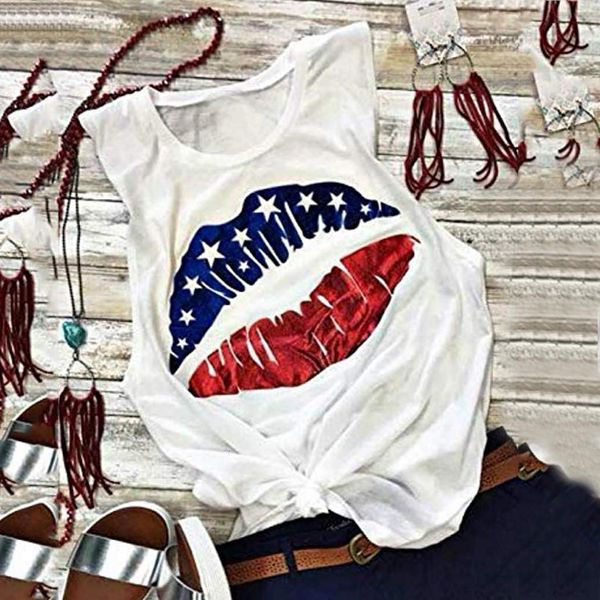 

5xl fashion womens sleeveless lip print american flag printed casual vest shirt female fashion letter o collar shirt vest tank, White