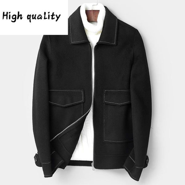 

autumn spring wool coat men fashion short handmade man jacket double-sided woolen mens overcoat coats1, Black