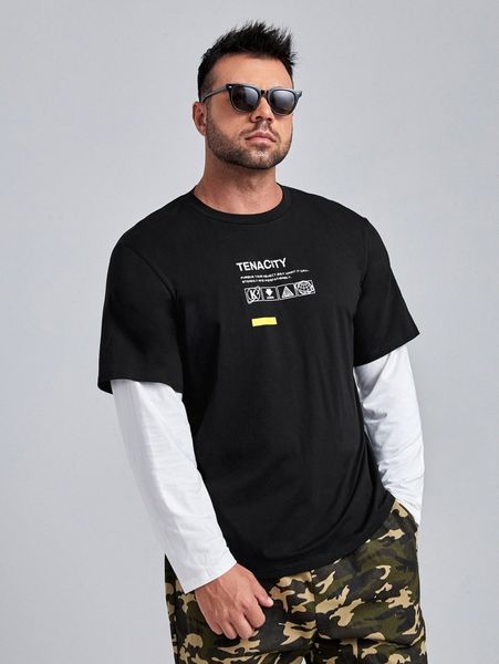 

extended sizes men slogan graphic print 2 in 1 t-shirt b8ut#, White;black