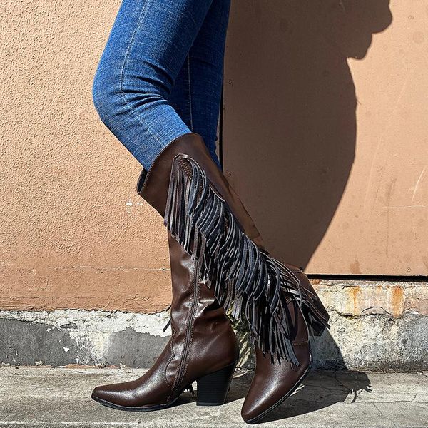 

fashion new thick heeled fringed side zipper womens boots pointed toe thigh high flat boots shoes for women spike heels pu, Black