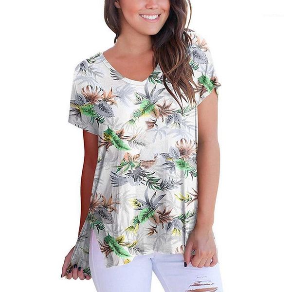 

women's short sleeve v-neck printed hem split t-shirt, White