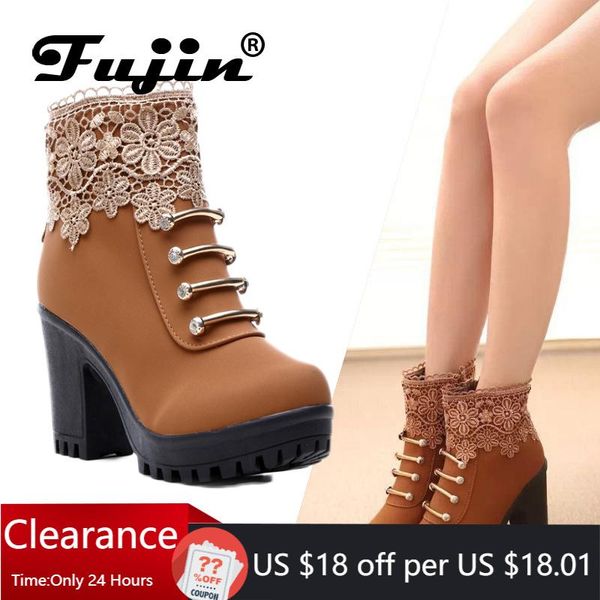 

boots 2021 fall fashion women pu leather round toe ankle lace ladies 7cm high heels 2cm platform shoes woman zip, Black