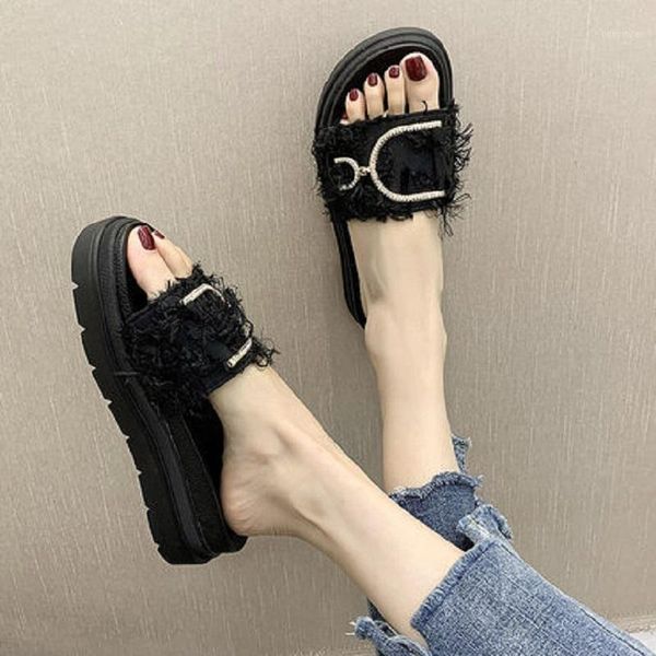 

slippers women's thick bottom wear wet water soft word 2021 summer muffin sandals and1, Black