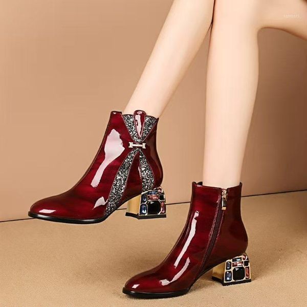 

new autumn and winter thick with rhinestone sequins patent leather korean version high-heeled ankle boot woman plus velvet short1, Black