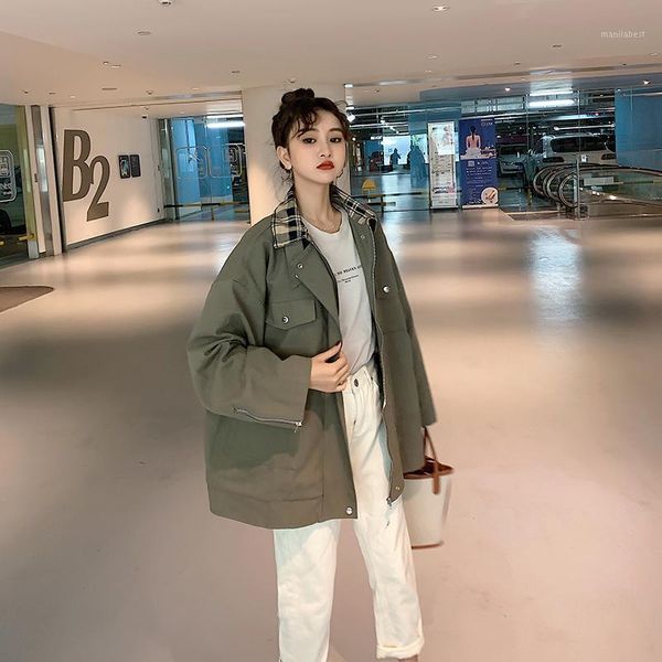 

workwear outerwear female spring and autumn 2020 new korean version loose bf student lattice lined with vertical collar windswea1, Tan;black