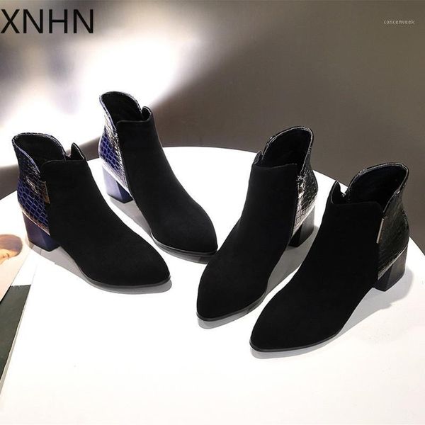 

boots low heels ankle booties women pointed snake short square with single winter autumn casual work shoes black/camel1