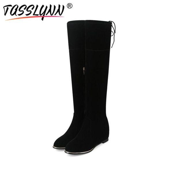 

tasslynn 2020 women boots wedges high heel winter boots shoes women flock over the knee round toe wedding shoes size 34-43, Black
