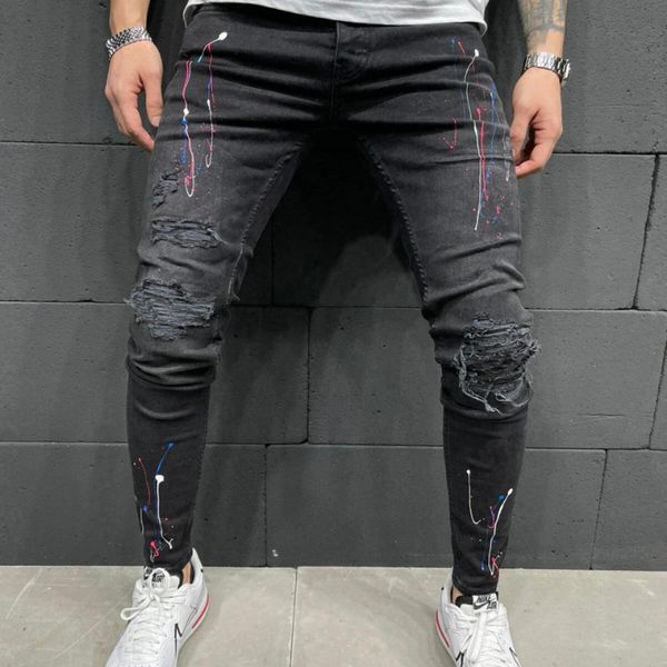 

men's trousers, jeans with spring hol, men's tight jeans, hip-hop fashion, 2021 clothing, Blue