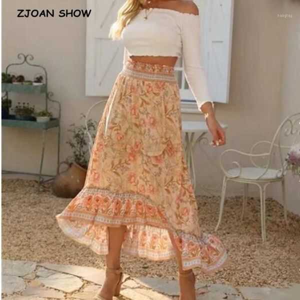

2020 bohemian apricot floral print long skirt boho holiday women high waist stitching wood ears ruffles maxi long skirts beach1, Black