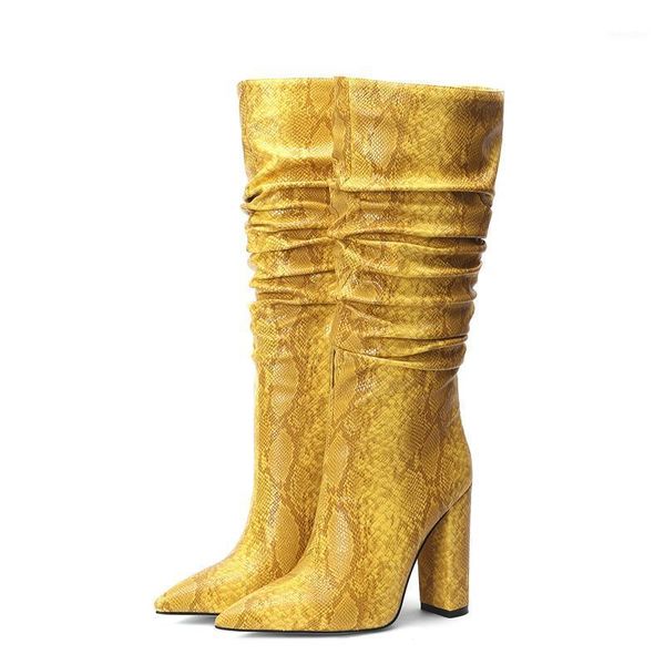 

snakeskin mid calf boots for women pleated fold warm fur boots invisible zipper round thick heel red women winter shoes 451, Black