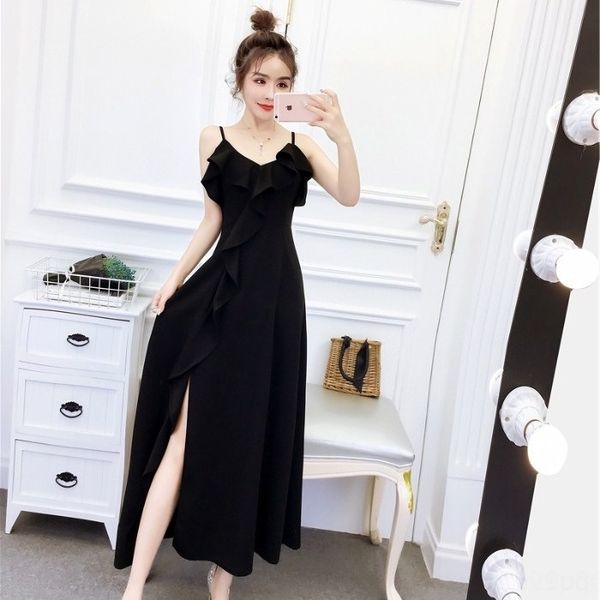 

dmn8l summer new fashion suspendershoulder v-neck sling slimming waist hip-covered irregular split long dress high dress rvv14, Black;gray