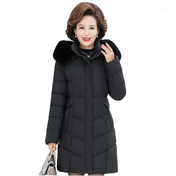

women's down & parkas padded jacket female with thick medium long big fur collar mother plus size hooded warm overcome women1, Black