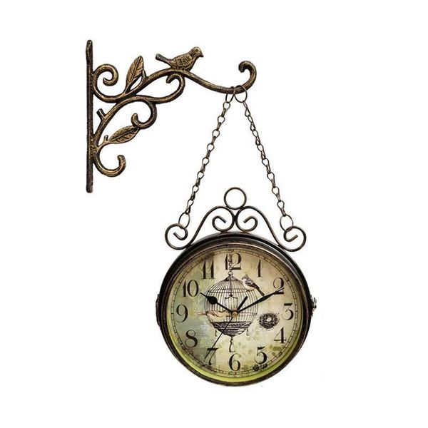 Reloj de pared innovador - Reloj de cuarzo silencioso simple retro de doble cara Reloj redondo de hierro forjado para la decoración de la sala de estar Y200109