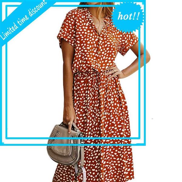 

women summer short mouw polka dot ladies boho casual button lace-up vacation beach loose elegant jurk vestidos, Black