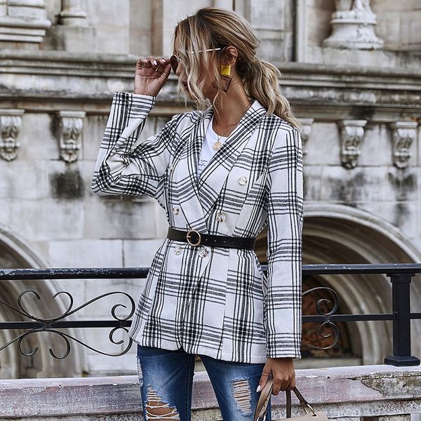 

2021 new and thin-fit double plaid small female jacket autumn women's clothing long-sleeve nyi4, White;black