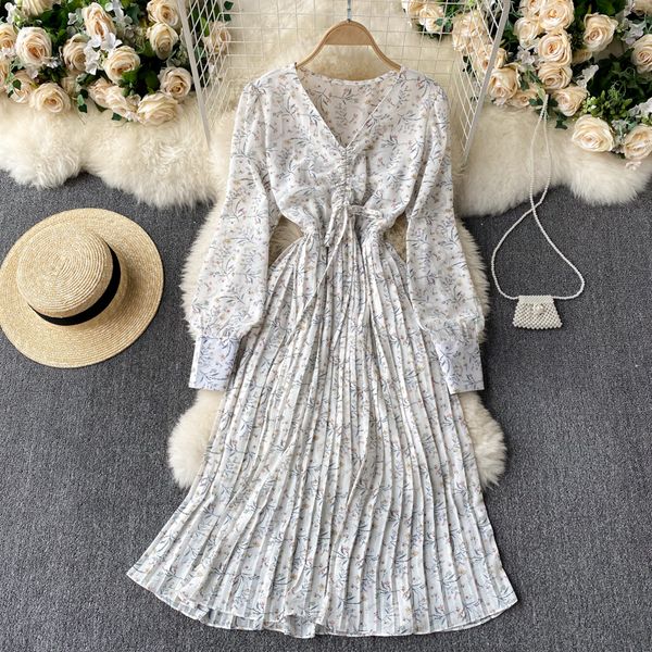 

2021 new singiny feminine floral cord ruched neck puff dress bohemian autumn imprint the line dressed s632, Black;gray