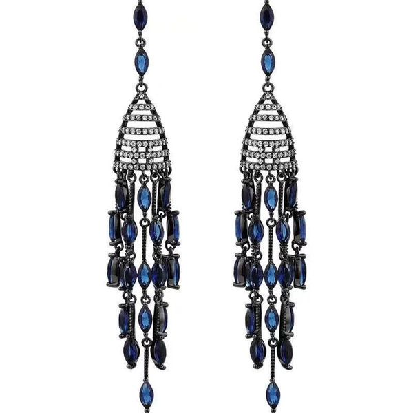 

2020 s925 silver needle dark blue tassel earrings black electroplating luxury high-end temperament lady earrings ing, Golden