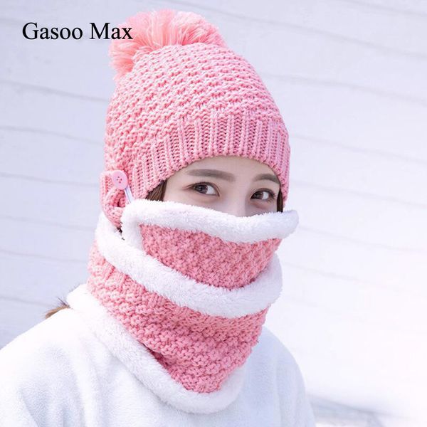

new thick plus cashmere warm beanies& ring scarf& masks hat scarf autumn winter women's knit hat cotton ball cover collar 201020, Blue;gray