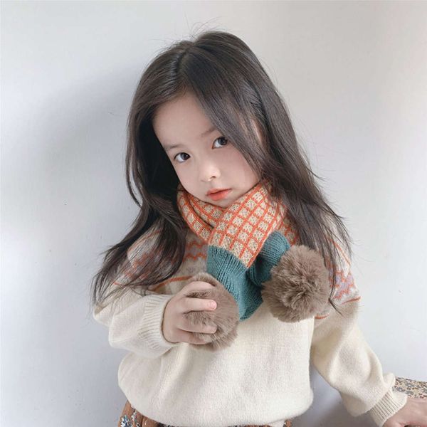 

plaid cross children's new winter knitted warm baby's neck double ball scarf wj8676, Red;brown
