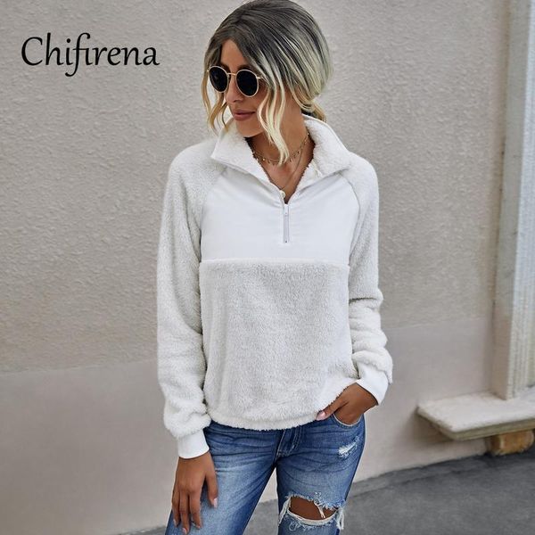 

chifirena women fleece hoodies sweatshirt 2020 winter patchwork hooded sweatshirt casual loose jumper pullover jacket hoody, Black