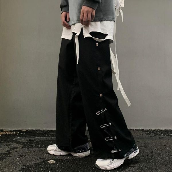 

male streetwear hip hop elastic waist pant harem trousers men pin buckle 2 pieces splice casual loose wide leg straight pant, Black