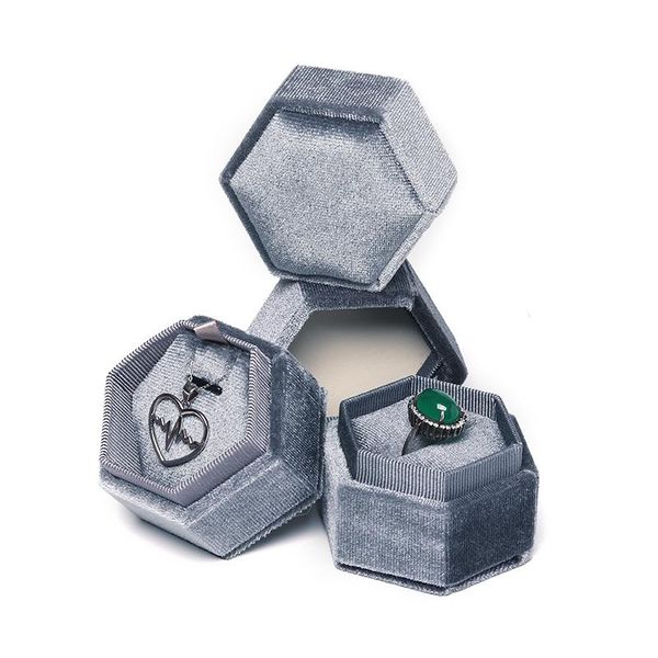 

new listed velvet hexagonal jewelry ring pendant packaging gift box built-in card slot detachable six colors optional for female, Pink;blue