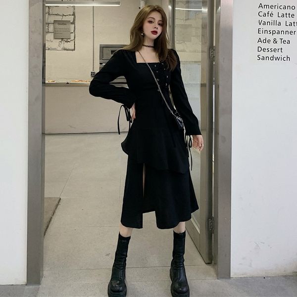 

2020 autumn new french style square neck long sleeve lace up irregular thin slit women's dress